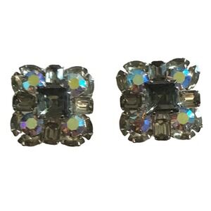 1950s Judy Lee Black & Smokey Grey Aurora Borealis Crystal Clip On Earrings